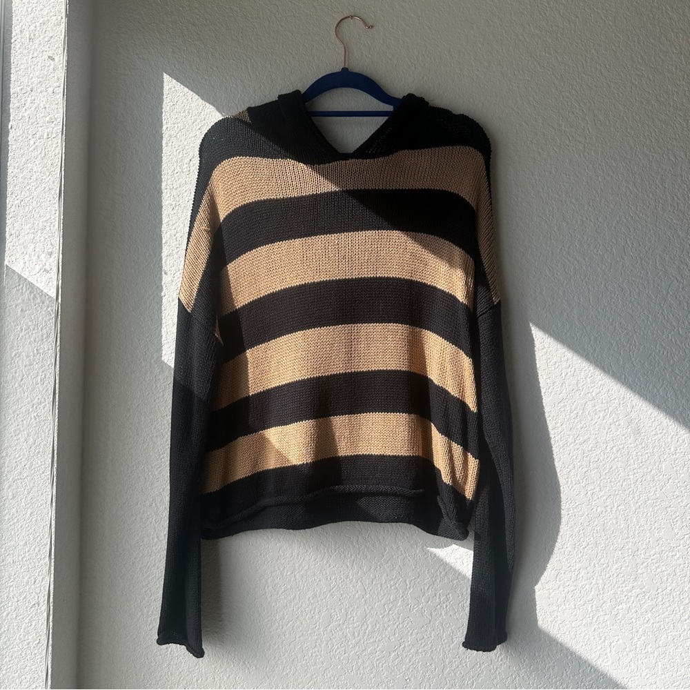 Striped Hooded Black and Tan Women's Sweater